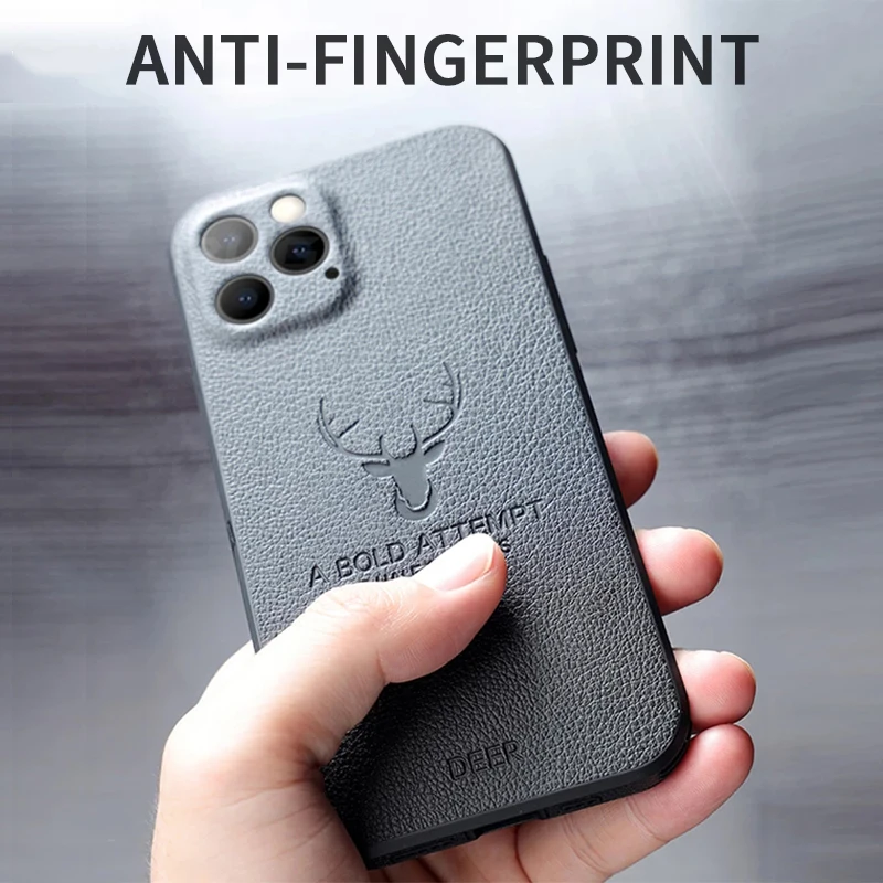 Luxury Leather Texture Square Frame Case For iPhone 11 12 13 Pro Max Mini X XR XS Deer Camera Protection Shockproof Phone Cover