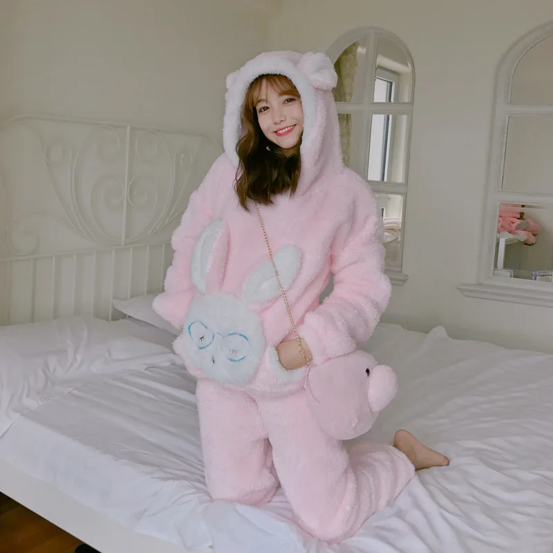 

According to Feminine 2019 Winter Women's New Style Thick Long Velvet Cartoon Bugs Bunny Pullover Pajamas Suit