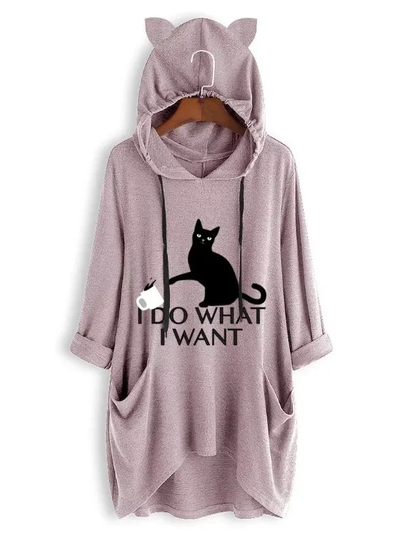 Women's Printed Cat Ear Plus S-5XL Hooded Autumn Long Roll Up Sleeve Pocket Hoodies Irregular Tops Feminine Oversize Sweatshir - Цвет: Розовый