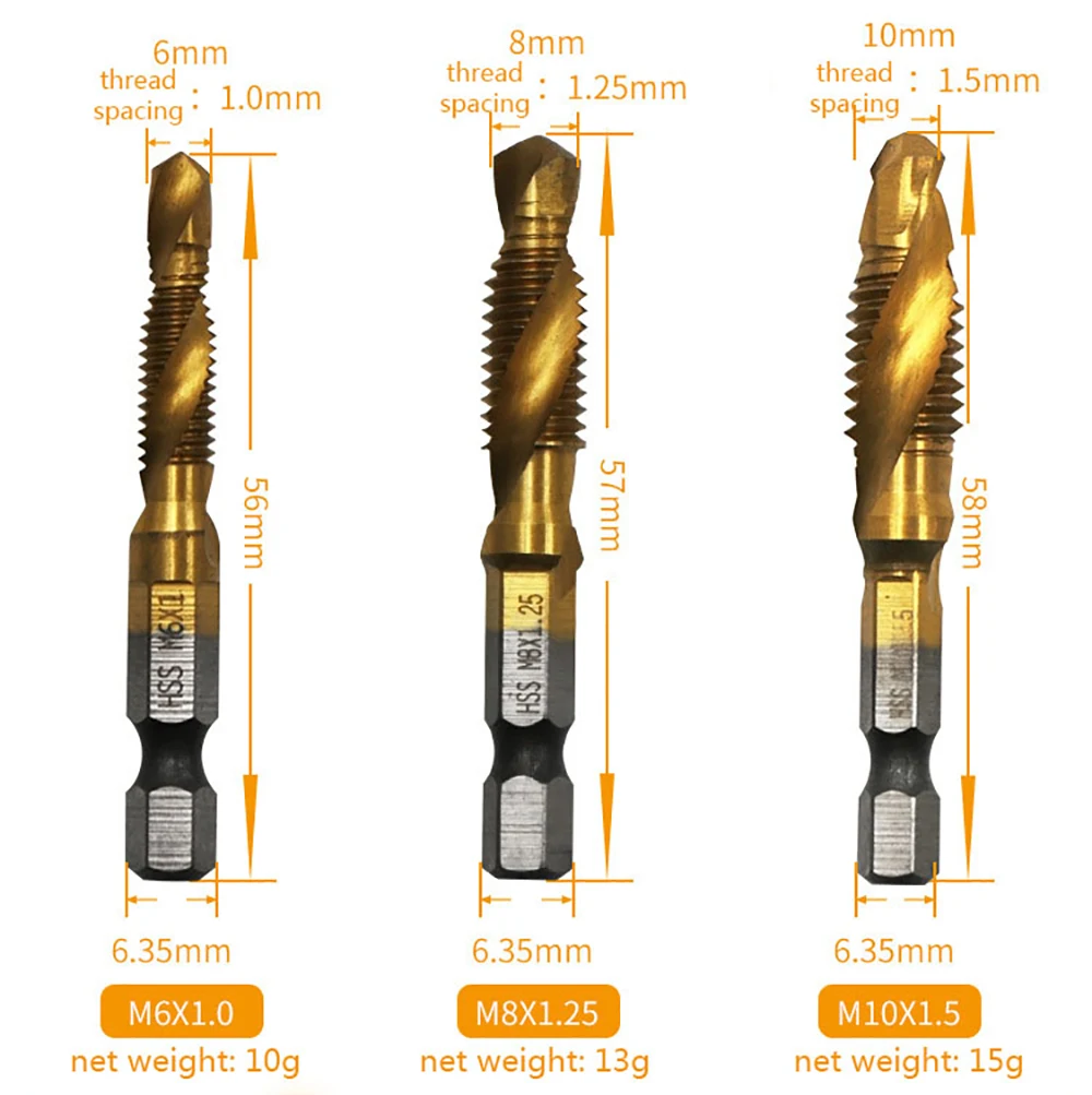 Description Picture 5 of itemTap Drill Titanium Plated Hex Shank HSS Screw Thread Metric Tap Drill Bits Screw Machine Compound M3 M4 M5 M6 M8 M10 Hand Tools