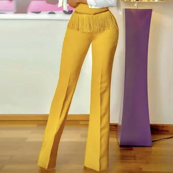 

Yellow Pants High Waist with Tassel Office Ladies Elegant Elastic Large Size Women Trousers Spring Summer Fashion Plus Size XXL