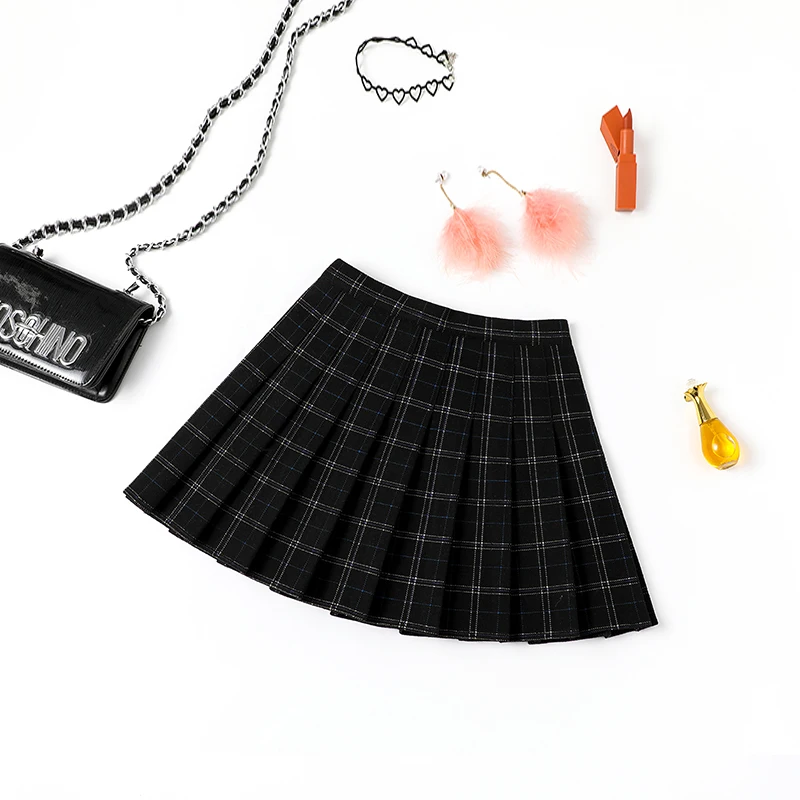 Женская модная черная клетчатая юбка, Осень-зима, высокая талия, юбка на молнии, Милая юбка для косплея, kawaii, женские мини-юбки, короткие - Цвет: Черный