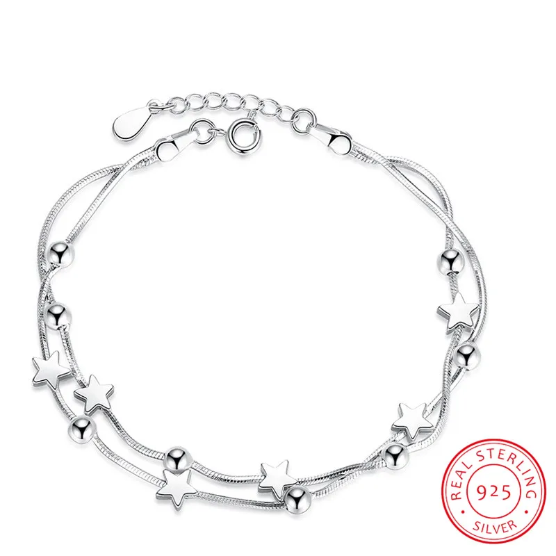 

925 Sterling Silver Bracelets For Women Double Layer Star Square Box Round Beads Bracelets & Bangles pulseira S-B115
