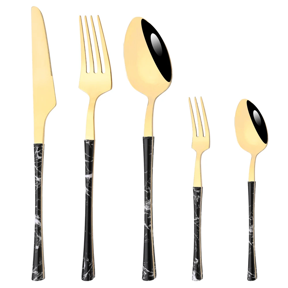 Black Gold Stainless Steel Sets Mirror Marble Texture Tableware Western Food Dinner Knife Fork Cutleries Teaspoon Silverware Set