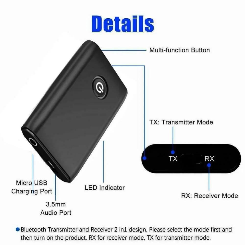 2 в 1 3,5 мм беспроводной Bluetooth 5,0 передатчик приемник заряжаемый для ТВ ПК автомобильный динамик AUX Hifi Музыка Аудио адаптер