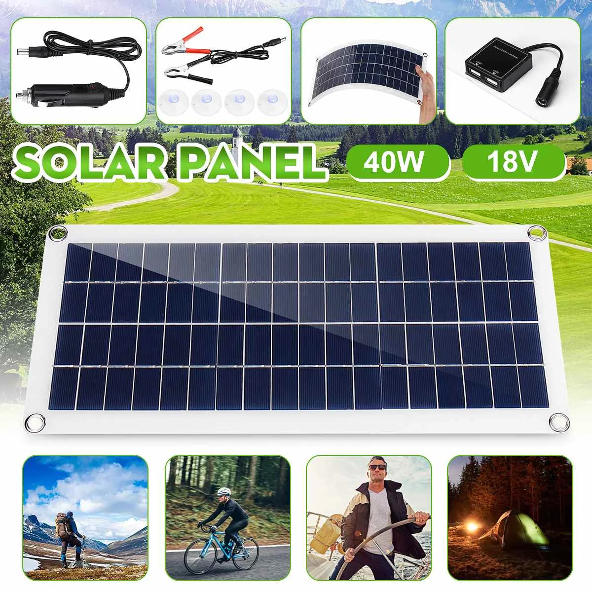 

40W DC 18V Portable Flexible Solar Cell Board Solar Panel Battery Charger Crocodile Clips Car charger For Phone RV Car