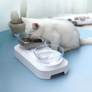 

Pet Cats Transparent Double Bowls with Support Water Bowl For Cats And Small Dogs Supplies Anti-slip Feeders White
