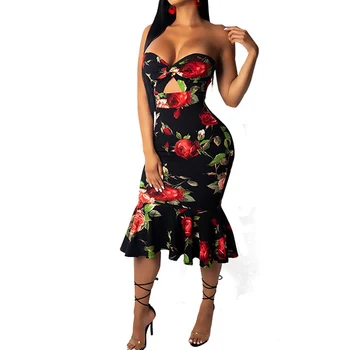 

Strapless Ruffles Hip Dress Women's 2019 Bodycon Club Party Dress Fashion Flower Print Vintage Sexy Dresses Vestidos De Fiesta