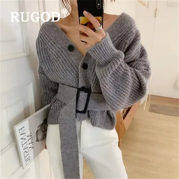 

RUGOD New Korean Style Chic Single-breasted Cardigan Collect Waist V-neck Belted Knitted Sweater Winter Tops For Women