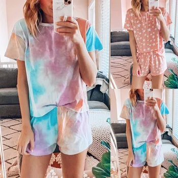 

Womens Star/ Tie-dye Short Sleeve Pajama Set Night Lounge Top Short Sleepwear