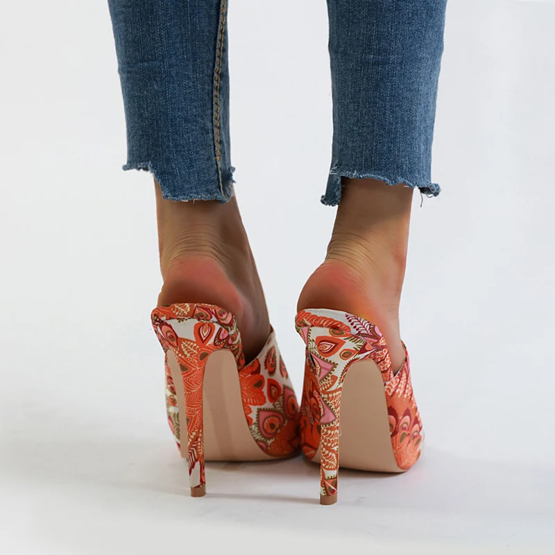 Peep Toe Shallow Women's Slippers NIUFUNI Plus Size 35-42 Peacock Pattern Sandals Stiletto High Heels Slides Women's Shoes 2019