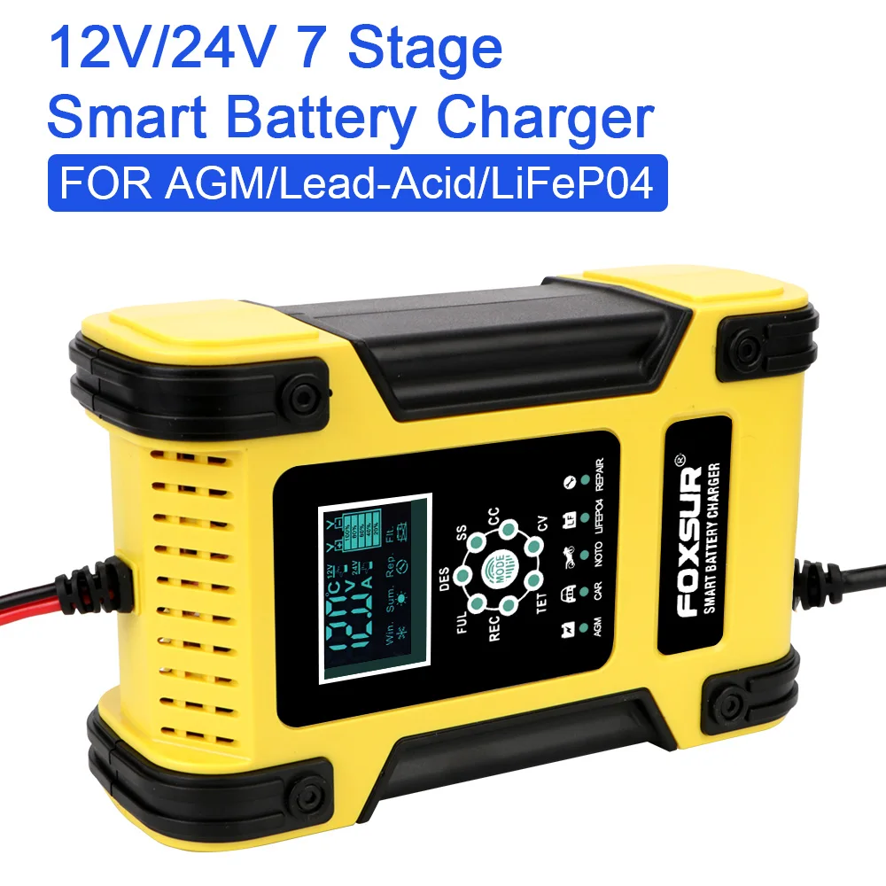 

Motorcycle Car Battery Charger Lead-acid Battery Charger Digital LCD Display Lithium Iron Battery 7 Stage 12V/12A AGM