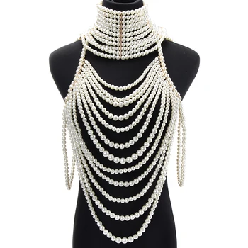 

JEROLLIN Imitation Pearls Bib Collar Necklace Chunky Shoulder Body Chian Necklaces Jewelry Set For Women Party Accessories