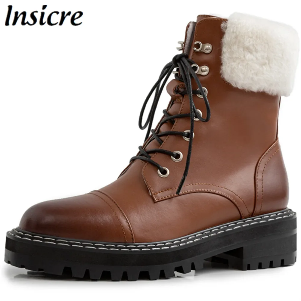 

Insicre Full Genuine Leather Women Snow Boots Mid Heel Lace Up Ladies Ankle Shoes Winter Platform Non Slip Cow Leather Black