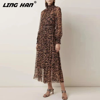 

LINGHAN Vacation Leopard Print Dress For Women Fashion Stand Lantern Sleeve Elastic High Waist dress Autumn Winter Runway New