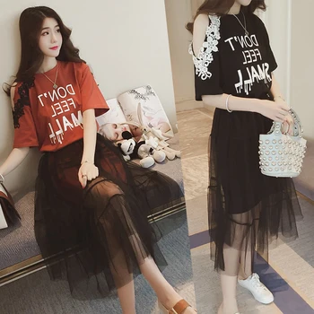 

2 Piece Set 2020 Summer Women Lace Cold Shoulder Cotton T-shirt Dress Mesh See Through Skirt Suits Letter Print Sweet Sundress