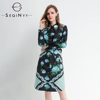 

SEQINYY Elegant Dress 2020 Summer Spring New Fashion Design Blue Flowers Printed Luxury Sequins Bead Knee Dress
