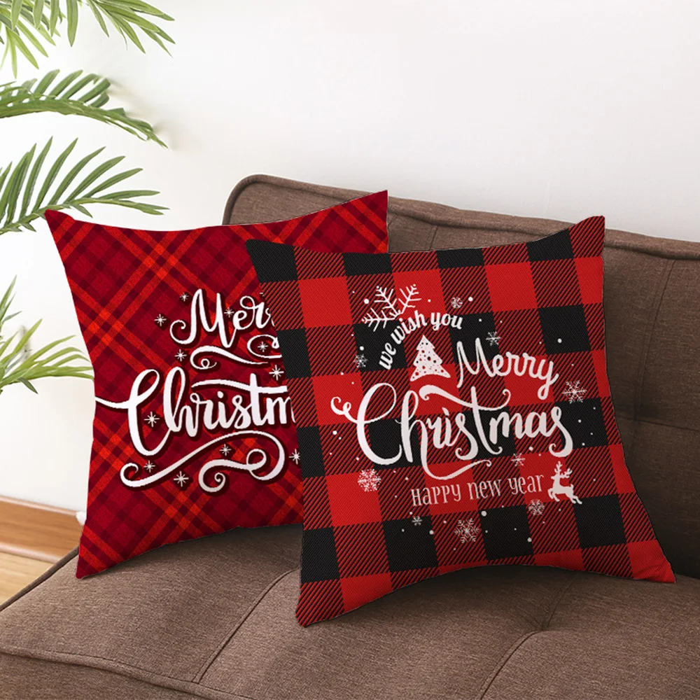 

45*45cm Christmas Cushion Cover Christmas Style Pillowcase Red Plaid Cushion Cover Square Pillow Case Home Sofa Decor