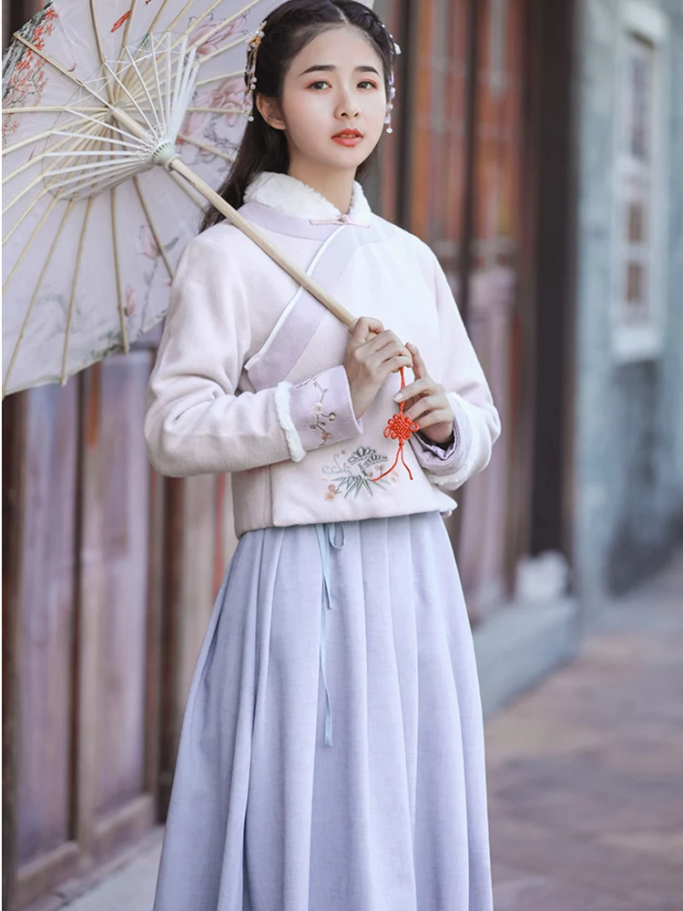 Hanfu/Зимний комплект из 2 предметов для молодых девушек, женская одежда винтажное шерстяное короткое пальто УТЕПЛЕННЫЙ ТОП с вышивкой и бантом+ платье с длинными рукавами, костюм