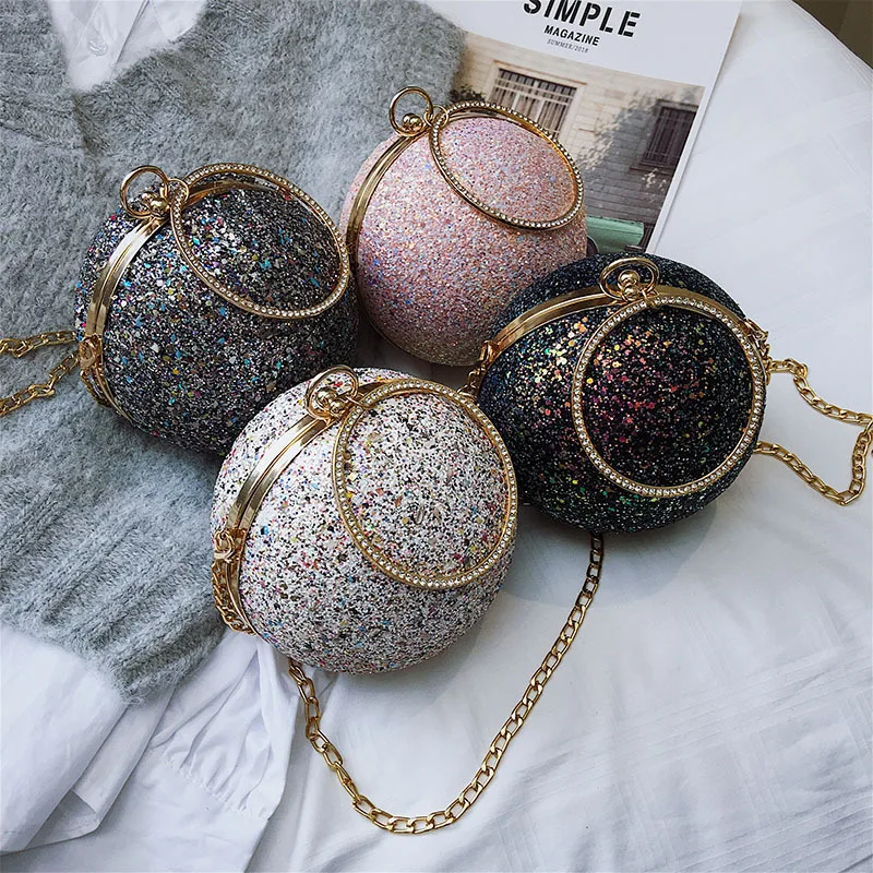 2022 Women Evening Day Clutch Colorful Crystal Diamonds Round Ball Shaped Clutches Lady Handbag Wedding Purse Chain Shoulder Bag