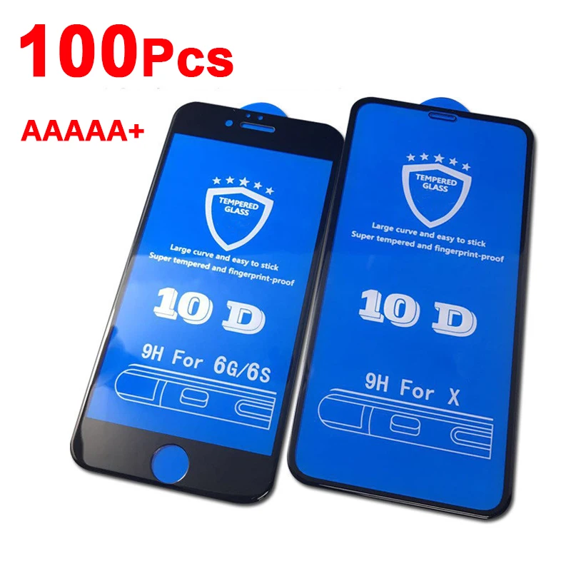 100 шт./лот 10D защитное закаленное стекло для iPhone 6 6s 7 8 plus XR X XS Max полное клеевое