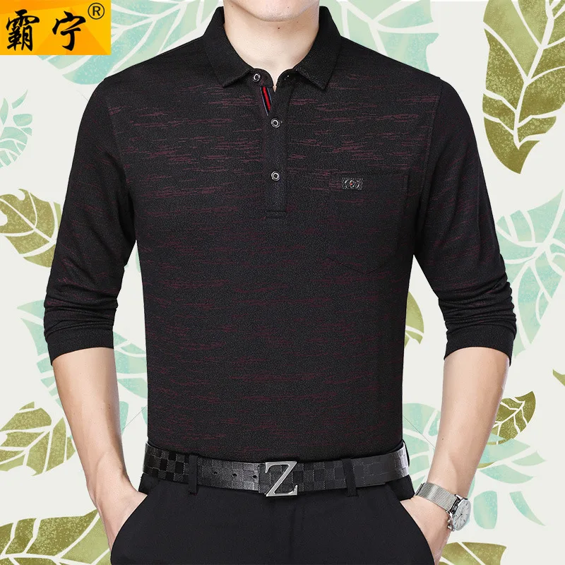 

Daddy Clothes Spring Clothing Middle-aged Men's Wear Spring Father Tops Thin Men Stripes Long-sleeved T-shirt Fold-down Collar