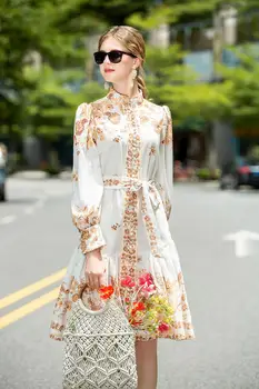 

Women Knee-Length A Dress Long Sleeve Single Breasted Fashion Elegant Lady Printing Dresses with Sashes Girl's Street Dress