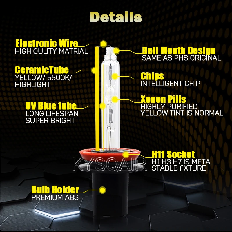KYSQAIR Super Bright High Quality DLT F5 AC 55W HID Xenon Ballast Kit Xenon H1 H3 H7 H11 9012 D2H 5500K 12V Auto Lamp Bulbs (3)