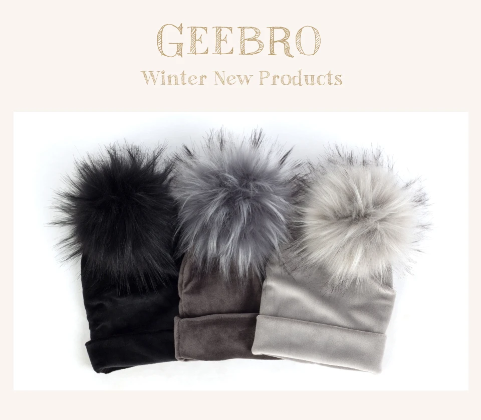 Geebro Newborn Baby Hat Faux Raccoon Fur Pompom Girls Boys Warm Winter Knitted Velvet Hat Ins Fashion Soft Thick Flannel Beanies skully winter hats