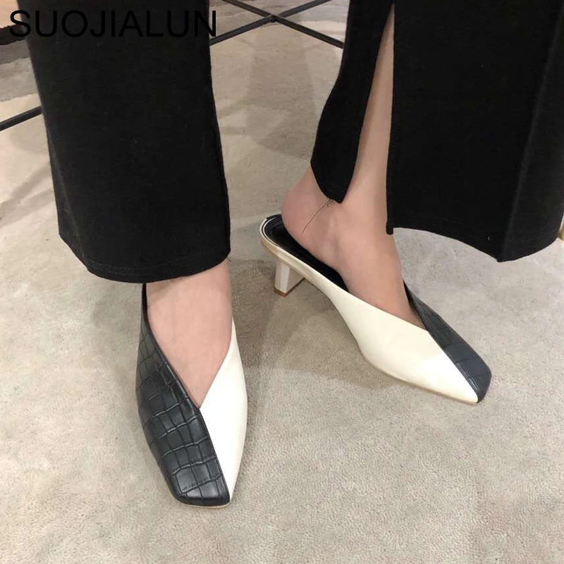 

SUOJIALUN Fashion Stone pattern Women Mules Slipper Square Low Heels Slides Mix Color Square Toe Sandal Shoes Slip On Loafers