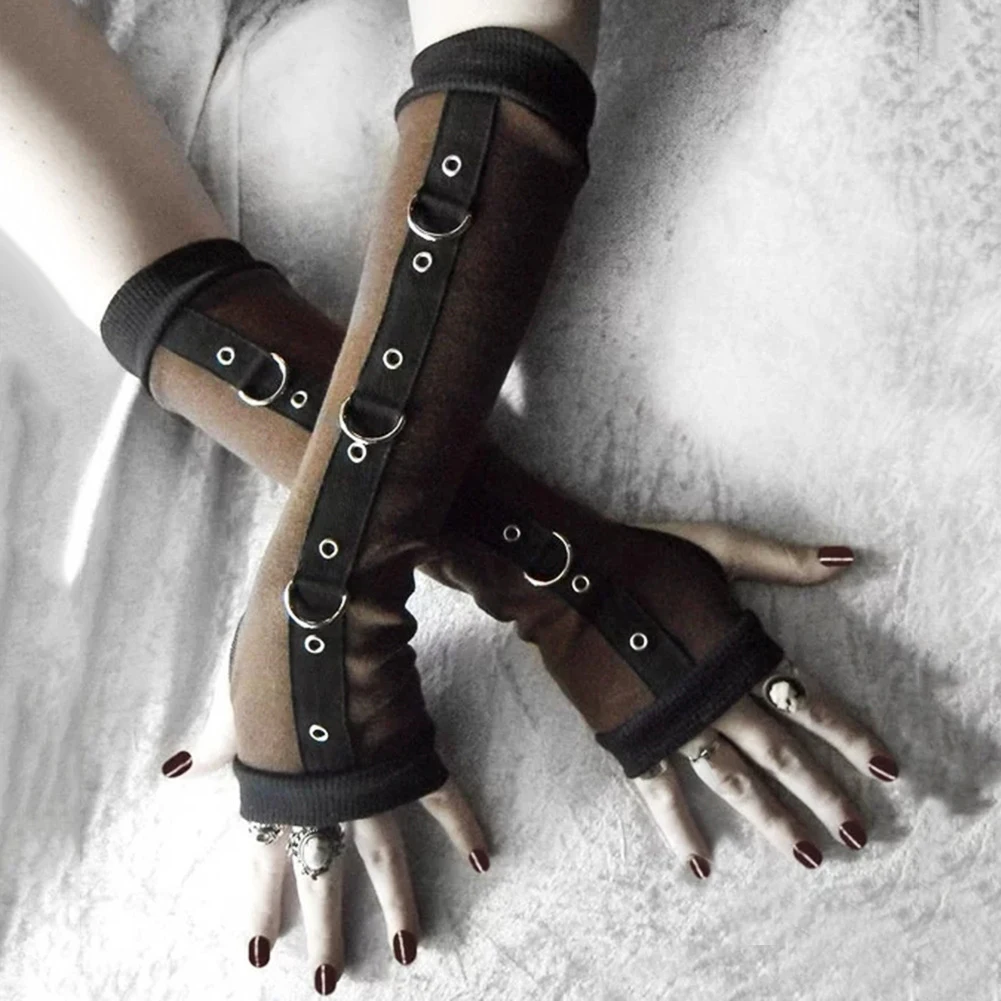 Панк женские рукава металлические d-кольца перчатки без пальцев нарукавники рукава с отверстием для большого пальца