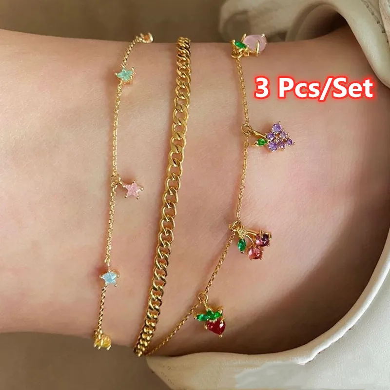 3 Pcs/Set Women Fashion Crystal Apple Cherry Grape Fruits Star Anklets for Women Sweet Gold Chain Anklets Set Jewelry Gifts 3 Pcs/Set Women Fashion Crystal Apple Cherry Grape Fruits Star Anklets for Women Sweet Gold Chain Anklets Set Jewelry Gifts