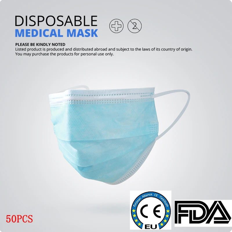 

50pcs Disposable surgical face mask mouth Anti-dust PM2.5 breathable and comfortable CE
