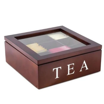 

Wooden 9 Grids Tea Box Tea Bags Container Storage Box Square Gift Box Case Transparent Top Lid Jewelry Storage Box-Red Wine colo