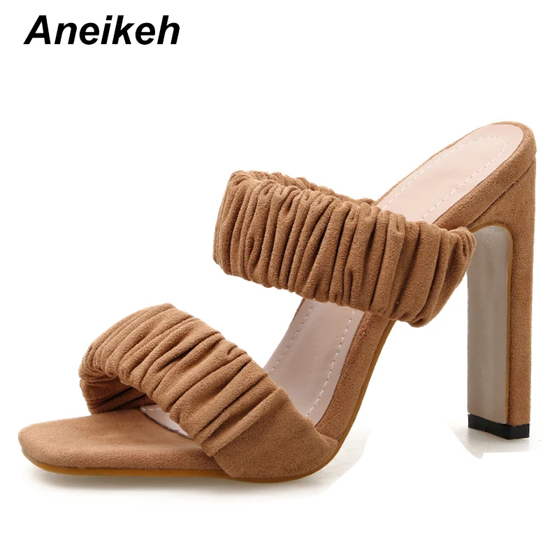 Aneikeh; коллекция года; летние шлепанцы; Туфли-гладиаторы; женские повседневные туфли-лодочки на высоком тонком каблуке с открытым носком и квадратным носком; цвет черный, коричневый
