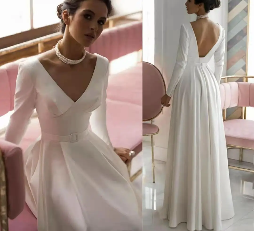 

Vintage Satin Long Sleeve ALine Wedding Dresses with Pockets Floor Length V-Neck Abendkleid Ivory Maxi Bridal Gowns for Women