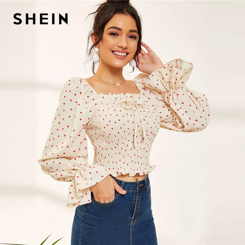 SHEIN бежевый с принтом сердца, с квадратным вырезом, укороченная блузка, топы для женщин, осень, Boho, рукав-волан, гофрированный подол, рубашки, женские блузки
