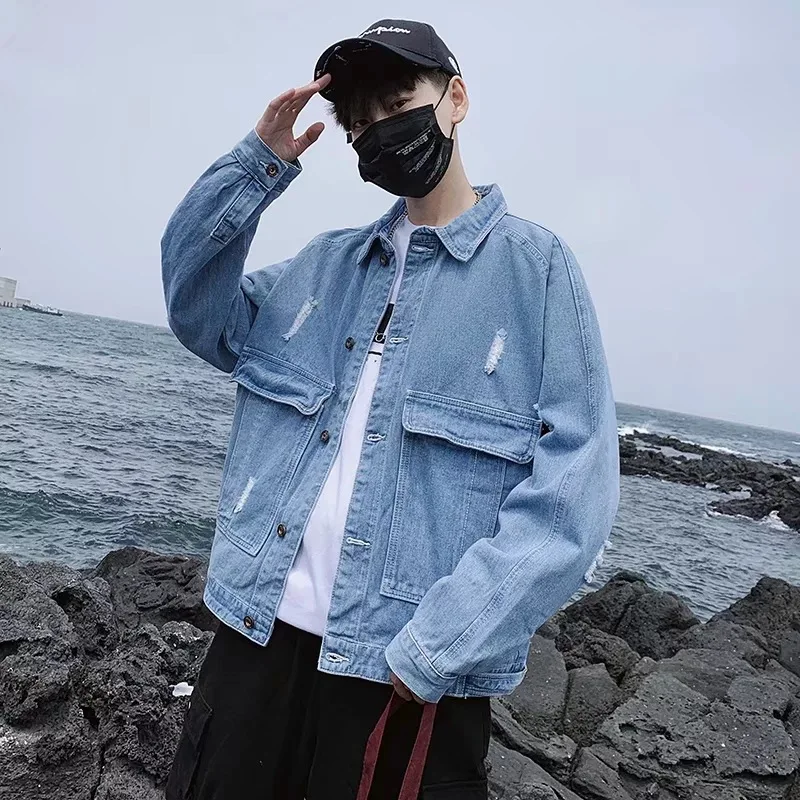

Hong Kong Style Workwear with Holes Jeans Coat Men Spring And Autumn Korean-style Loose Tops Trend Students Handsome BF Jacket