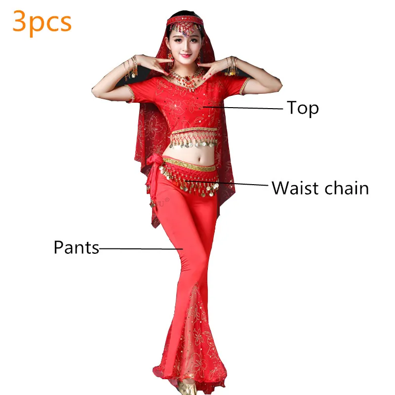 Новые 8 шт./компл. живота Танцы костюмные комплекты египет живота Танцы костюм Болливуд индийский костюм со штанами одежда для занятий Танцем Живота - Цвет: Red 3pcs