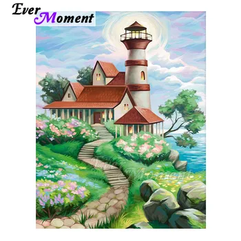 

Ever Moment Diamond Painting Wall Lighthouse House River Flower Mosaic Full Square Drill Diamond Embroidery Decoration S2F2424