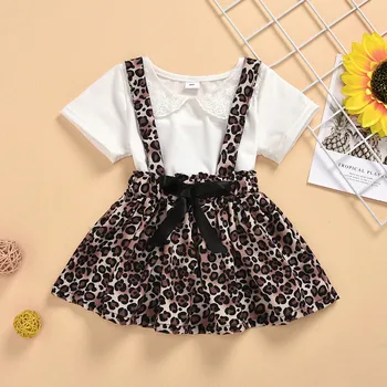 

Toddler Girl Clothes Sets Doll Collar T-shirt Leopard Suspender Skirt 2PCS Baby Girl Outfit Summer 1-5 Years Kids Girl Clothing
