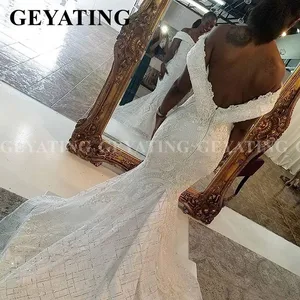 Image 5 - 2020 lüks kapalı omuz dantel Mermaid afrika düğün elbisesi ayrılabilir tren ile artı boyutu Backless nijeryalı kadınlar gelinlikler