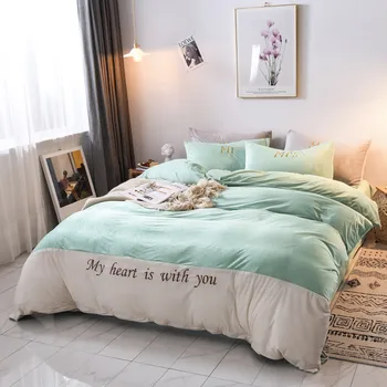 

Color Matching Crystal Velvet Embroidery 4pcs Bed Set Duvet Cover Bed Sheet Pillowcase Bean Green Match White Bean Paste Light