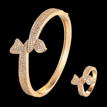

Fateama bowknot bangle with ring jewelry set AAA zircon pave setting luxury bracelet of best gift stylish fashion jewelry