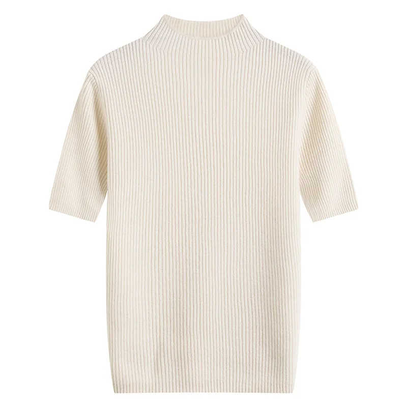 Aliaga Осень стиль короткий рукав вязаный край макет шеи кашемировый свитер Розовый пуловер - Цвет: White