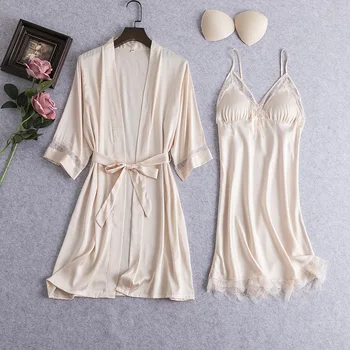

Beige Bride Wedding 2PCS Kimono Robe Gown Sets Sexy Hollow Out Feather Lady Bath Nightwear Lingerie Sleepwear Loose Home Wear