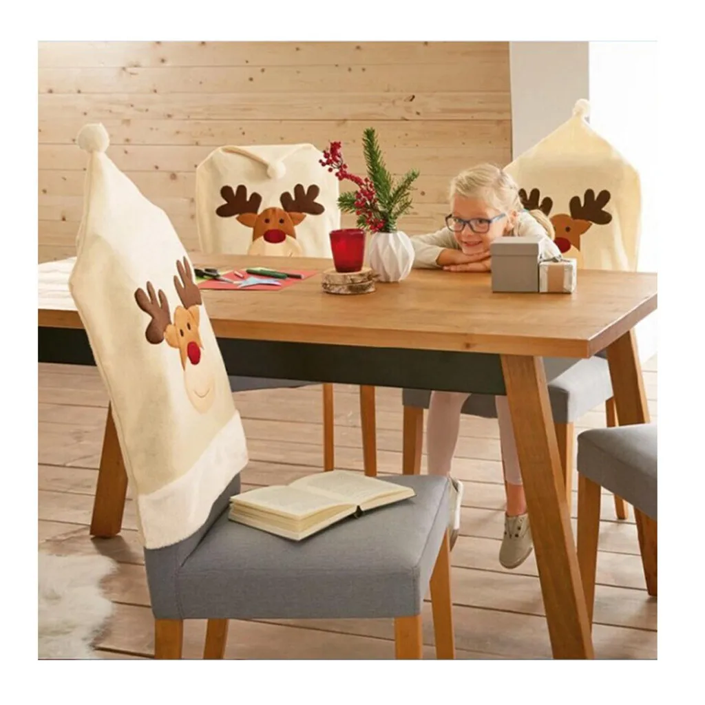 

Fashion Christmas Dinner Table Party Red Hat Chair Back Covers Deer Hat Chair Cover Elk Cap Chair Cover Xmas Decoration