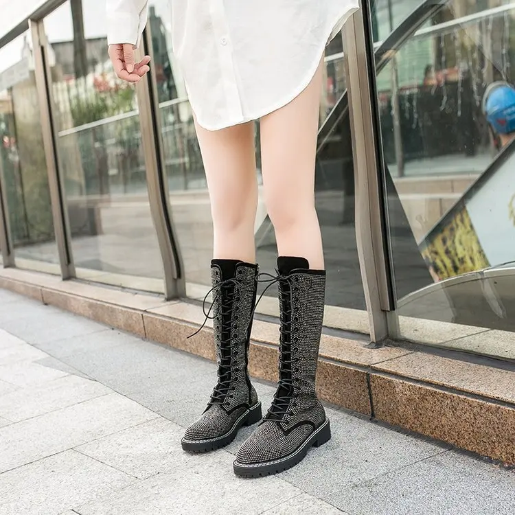 Autumn Winter Women Knee High snow Boots shoes woman Fashion Rhinestone Boots mid heels casual snow Boots Women Shoes mujer