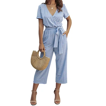 

2020 Women Fashion Summer New Short Sleeve V-neck Striped Jumpsuit Casual Slim Fitting Long Trousers Sashes Simple Playsuit