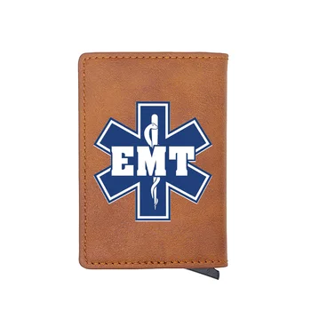 

Blue star of life EMT Card Holder Wallet Classic Men Women Leather Rfid Aluminum Short Purse